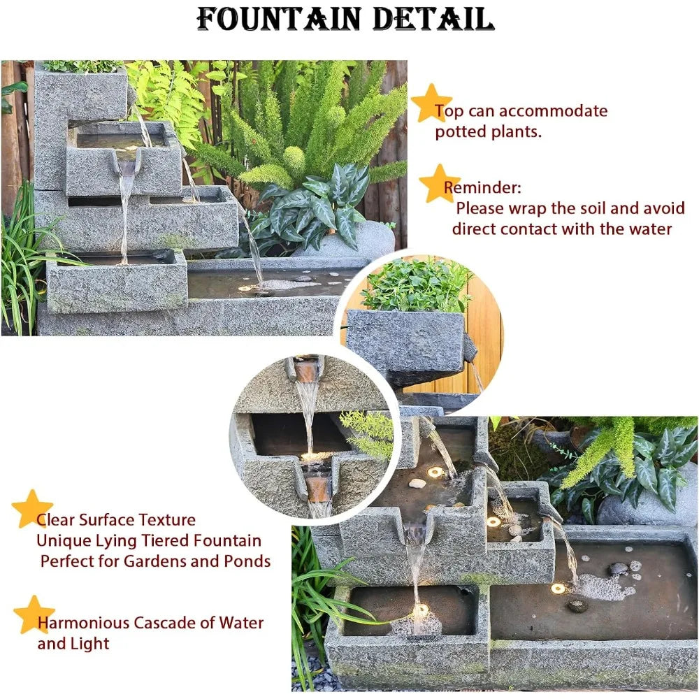 Tiered Outdoor Water Fountain Cascade With LED Lighting