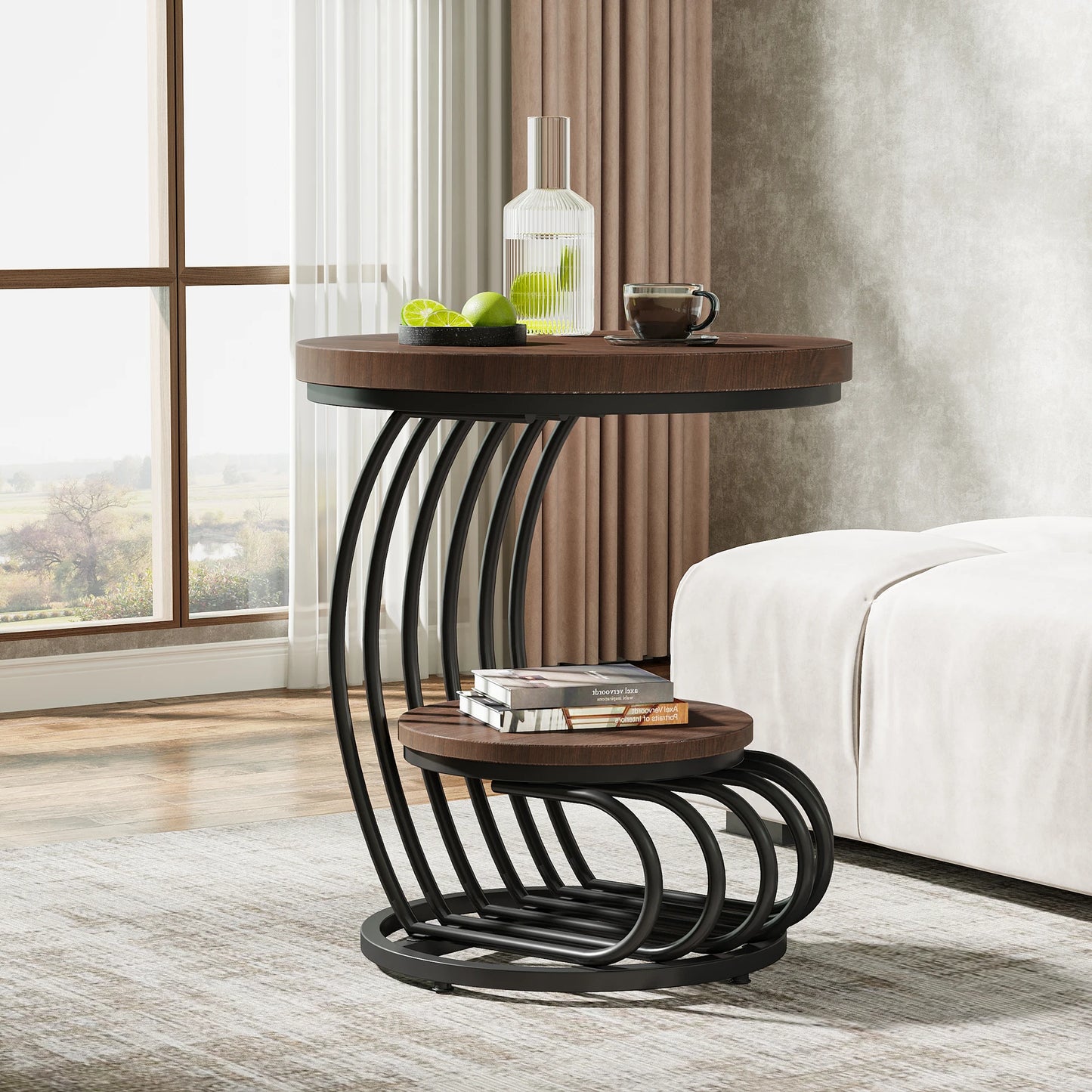 Tribesigns Gold Round End Table with Faux Marble and Storage Shelf