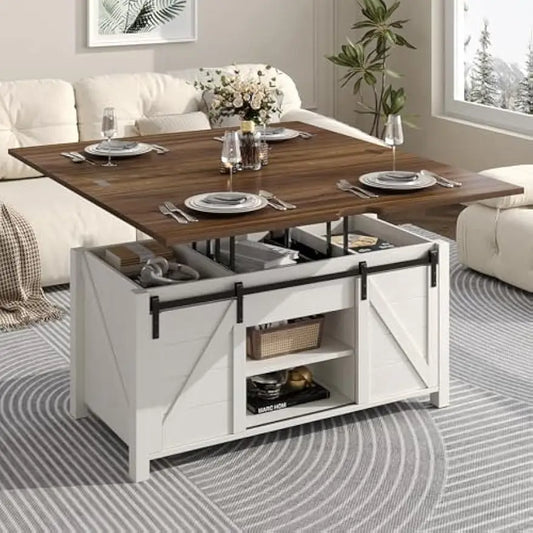 Farmhouse Lift Top Coffee Table with Sliding Barn Door and Hidden Storage