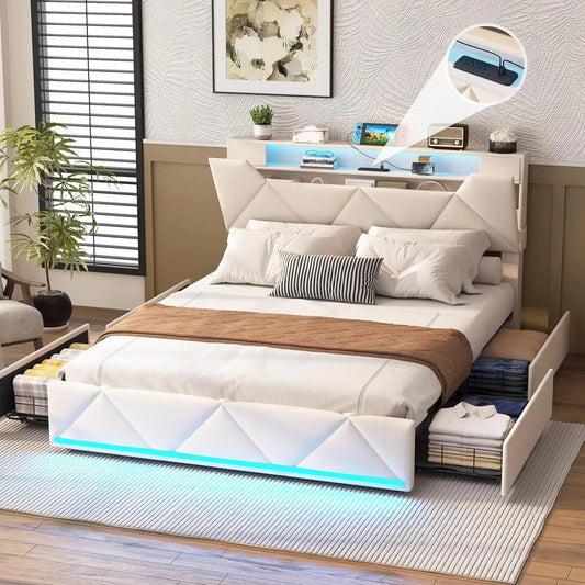 Vabches Upholstered Bed Frame With Storage And Drawers