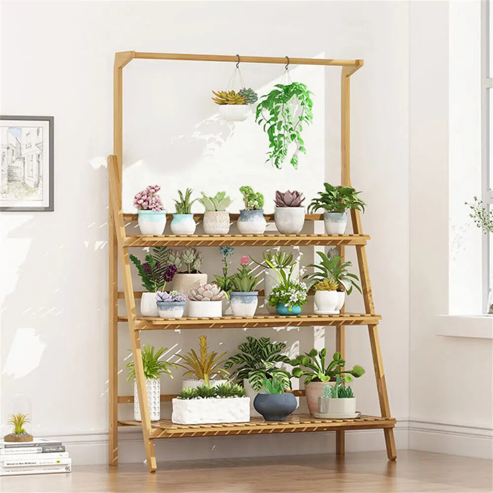 Folding Bamboo Plant Stand Three Tier Indoor Outdoor Shelf