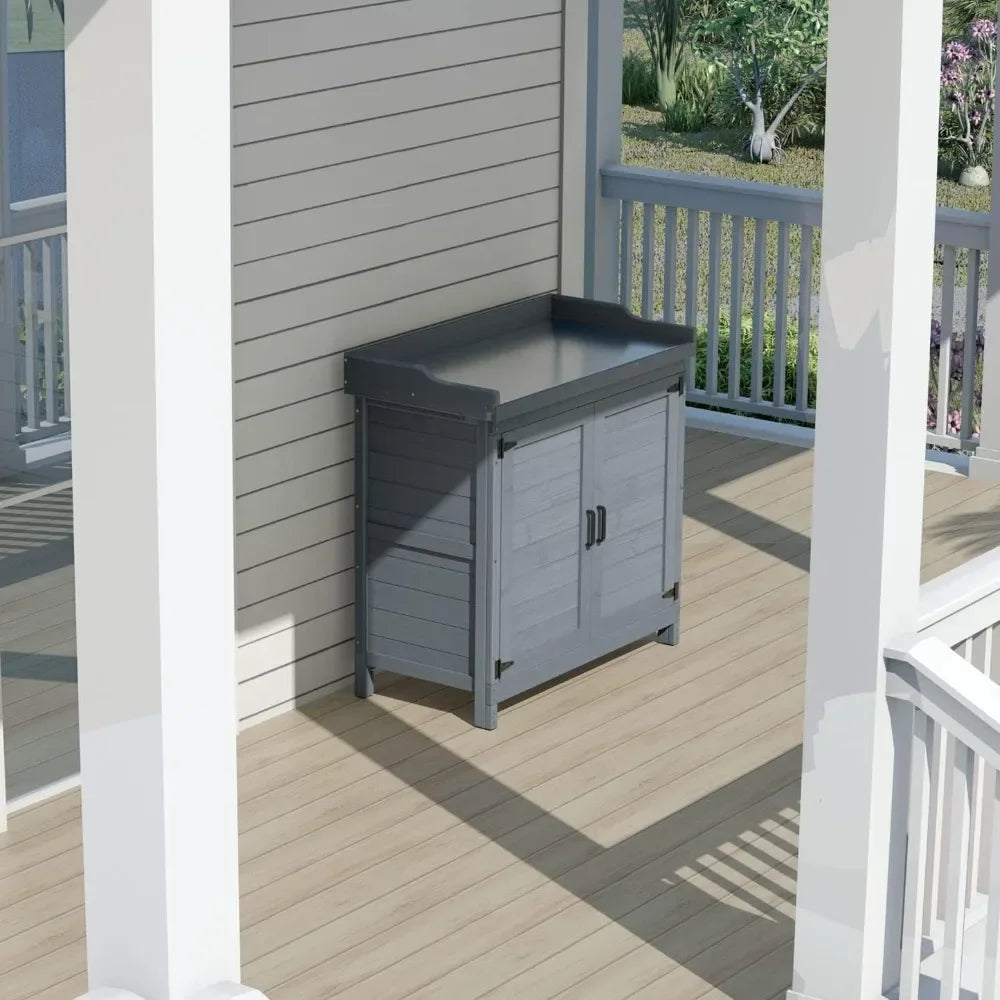Outdoor Wooden Garden Tool Shed With Potting Benches And Workstation