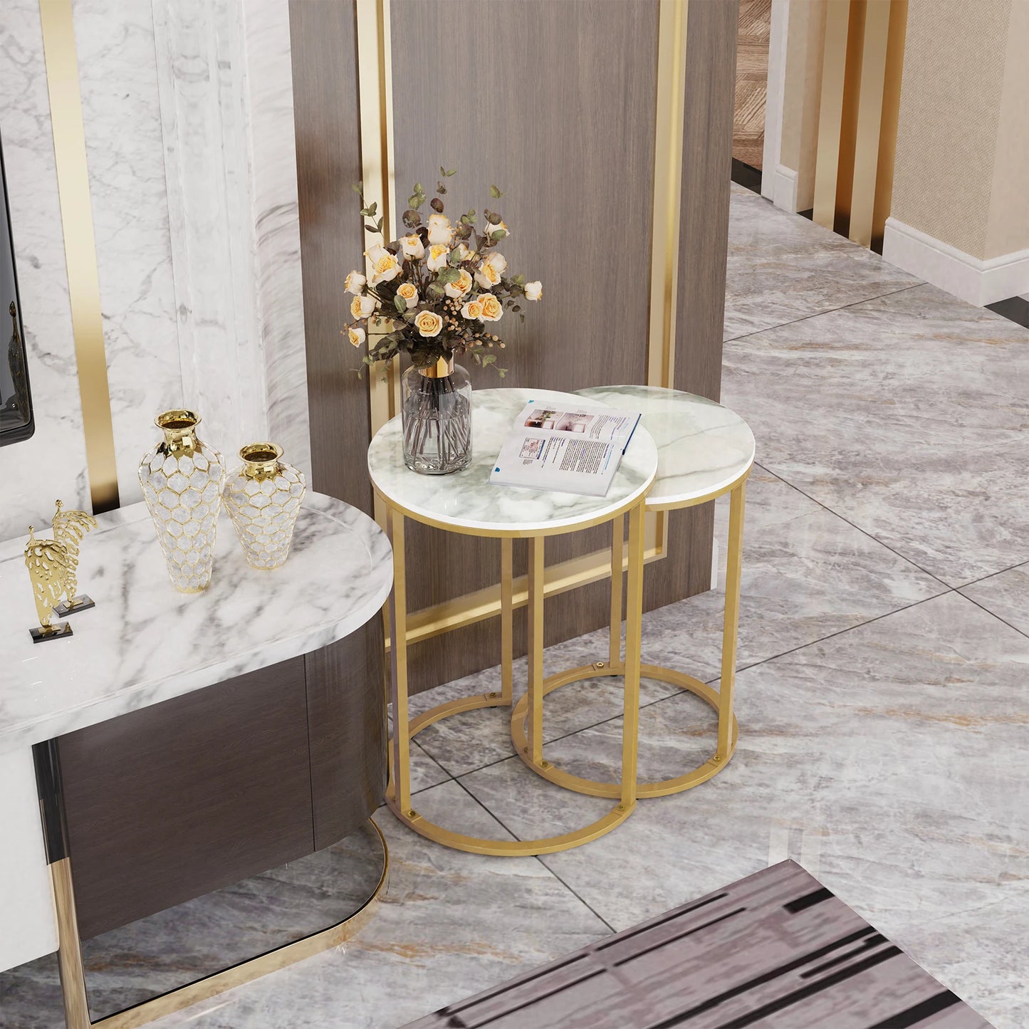 Set of 2 Modern Sintered Stone Round Accent Tables with Metal Base