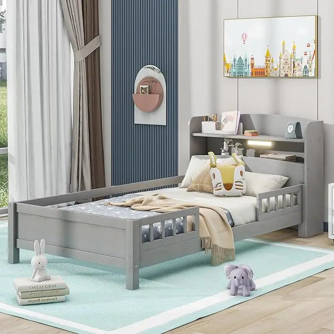 Kids Bed Frame With Guardrails And Drawers Storage Unit
