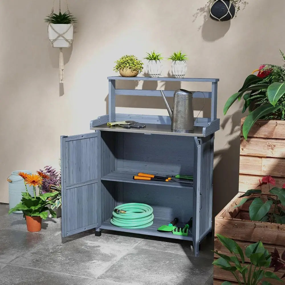 MKDK Outdoor Potting Bench With Storage Galvanized Tabletop