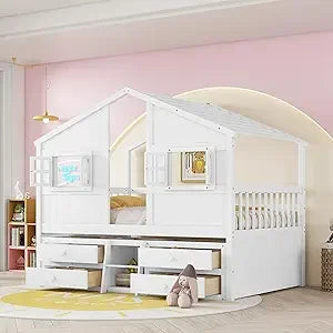 Pine Floor House Bunk Bed With Roof Window Storage