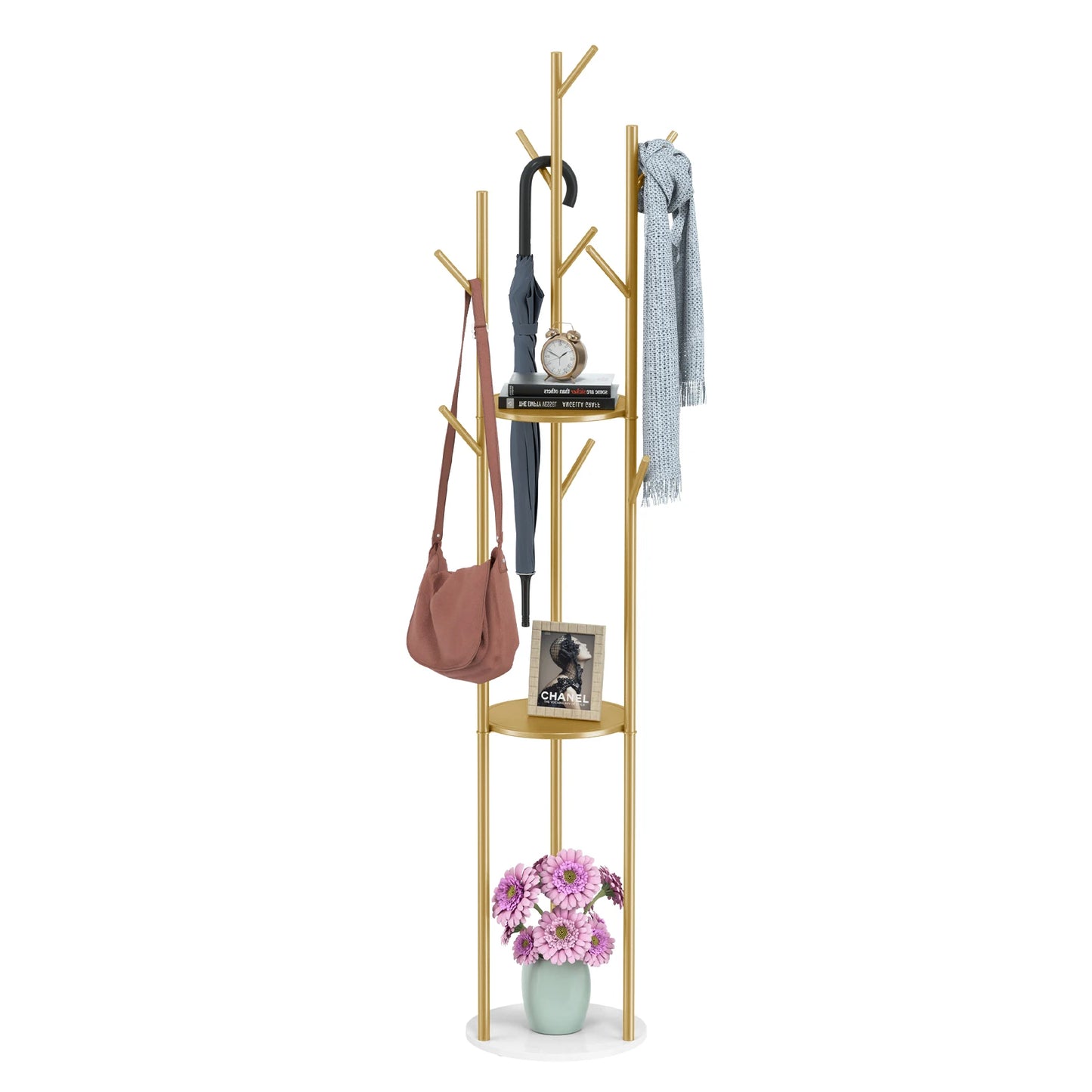 Marble Metal Freestanding Coat Rack with 3 Shelves and 9 Hooks for Entryway