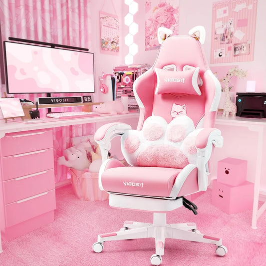 Pink Gaming Chair with Cat Ears and Lumbar Cushion Ergonomic Design and Footrest