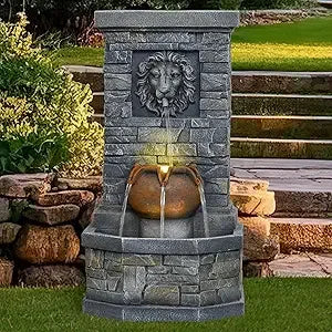 Outdoor Floor Standing Lion Head Water Fountain With Lights