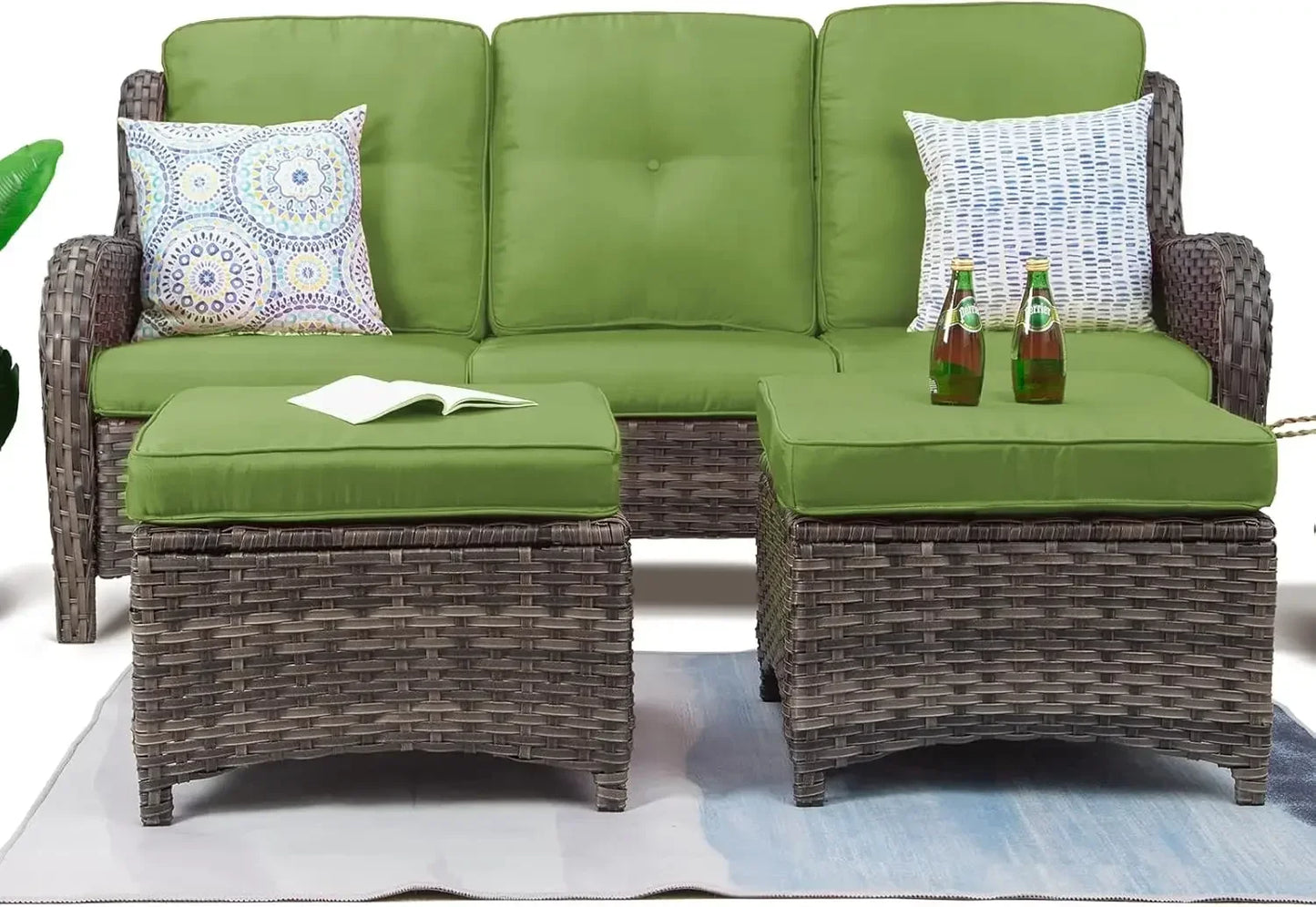 Three Piece Wicker Outdoor Conversation Set With Sofa Ottomans
