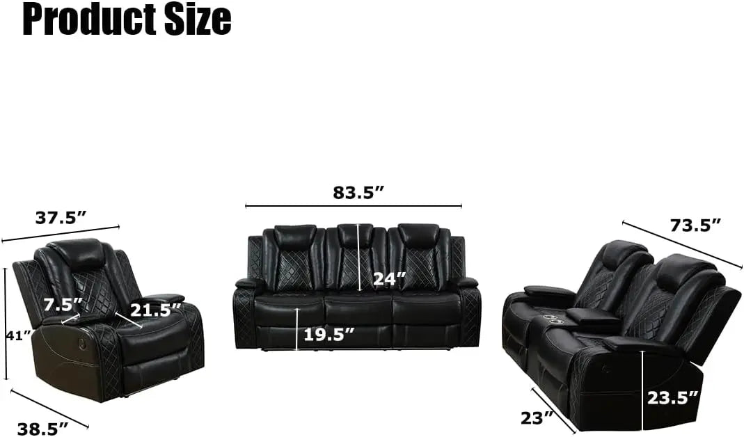 XMSJ Power Recliner Sofa Set Modern Leather Sectional LED