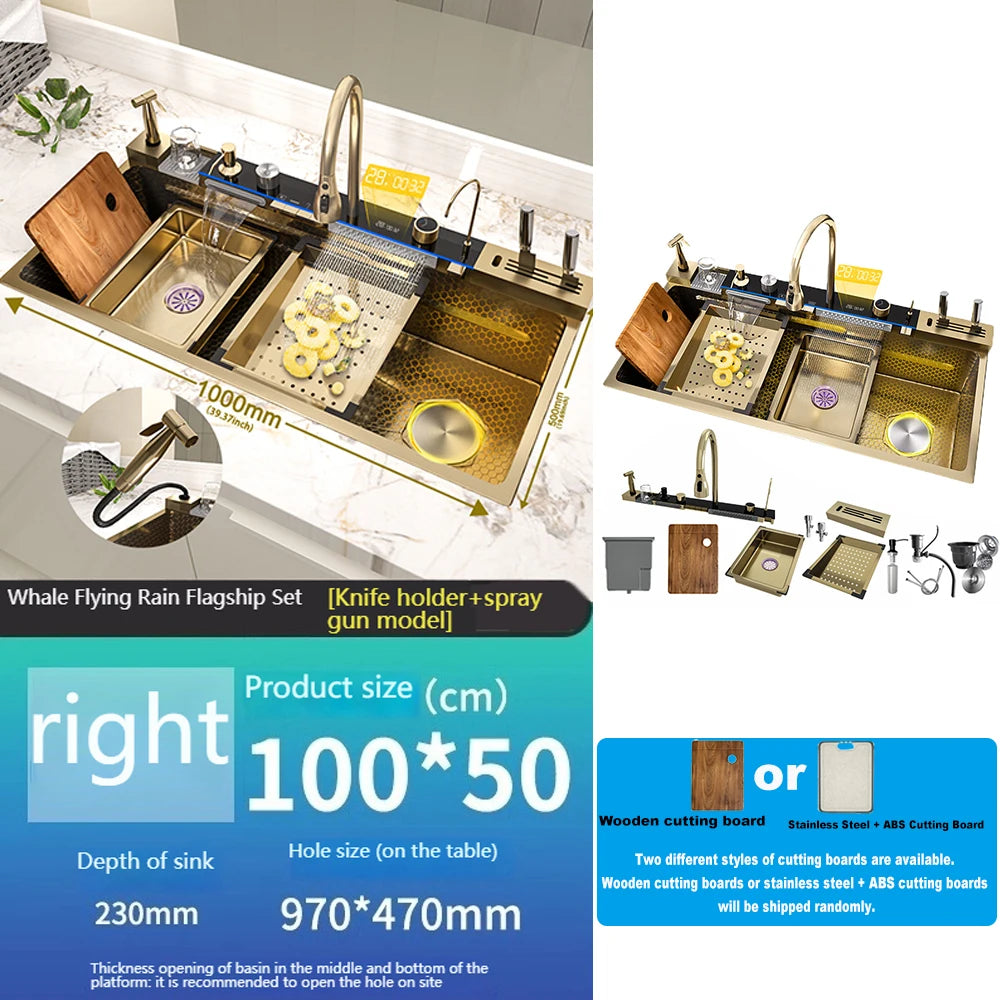 TELISIYA 304 Stainless Steel Waterfall Kitchen Sink With Digital Display Faucet