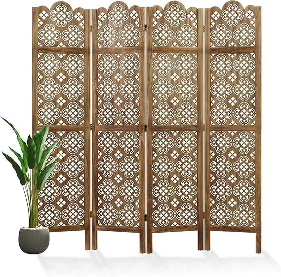 Folding Room Divider Four Panel Wood Carved Privacy Screen