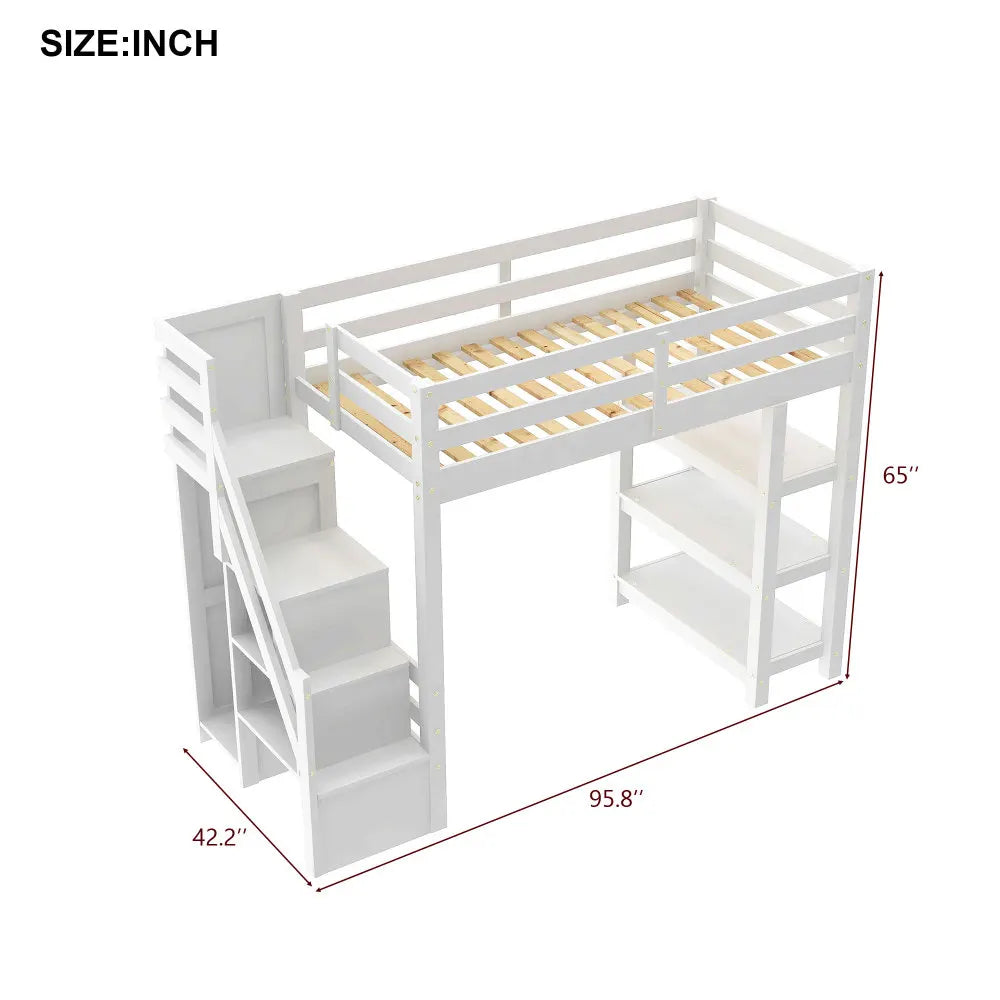 Wooden Loft Bed With Storage Staircase Integrated Wardrobe Light