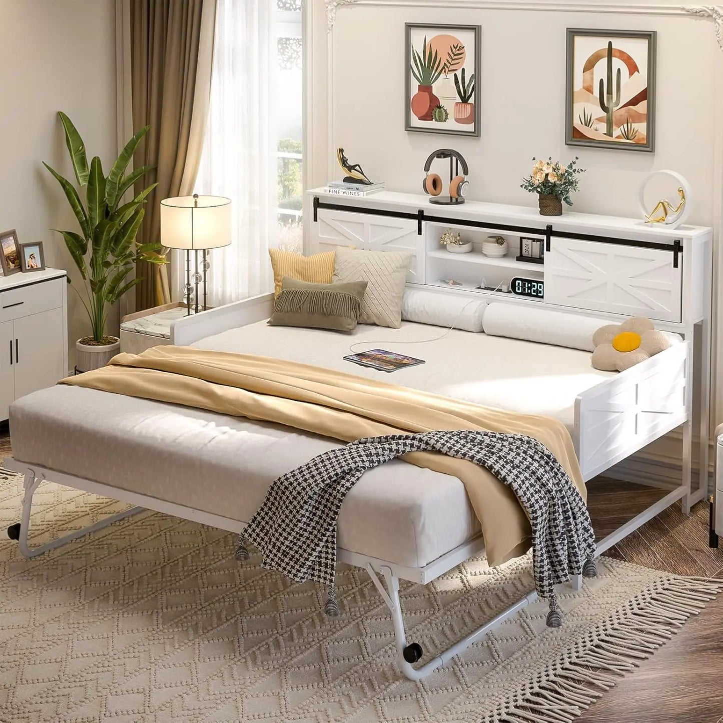 Folded Daybed With Pop Up Trundle And Bookcase Headboard