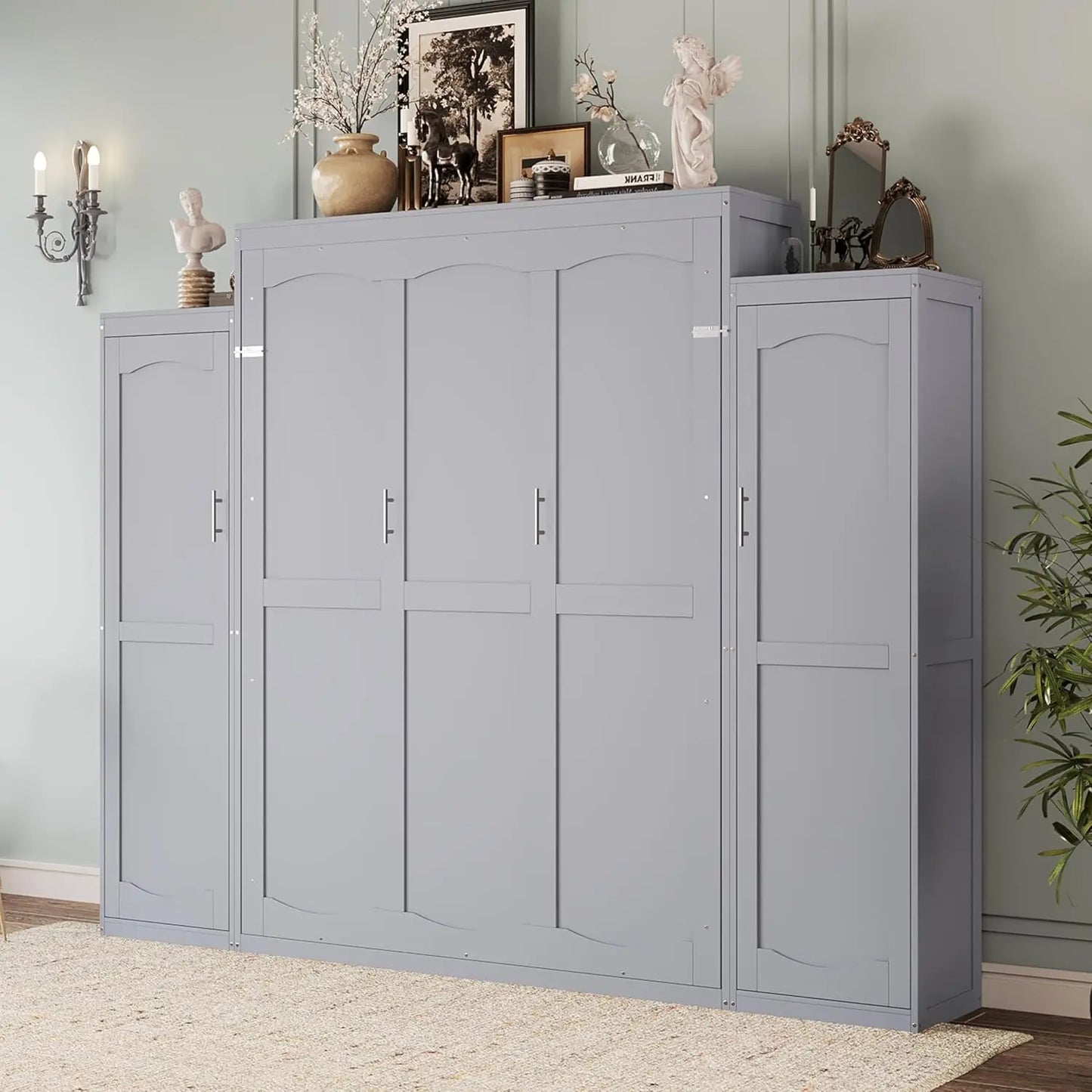 Wood Wall Murphy Bed With Two Closets And Shelving
