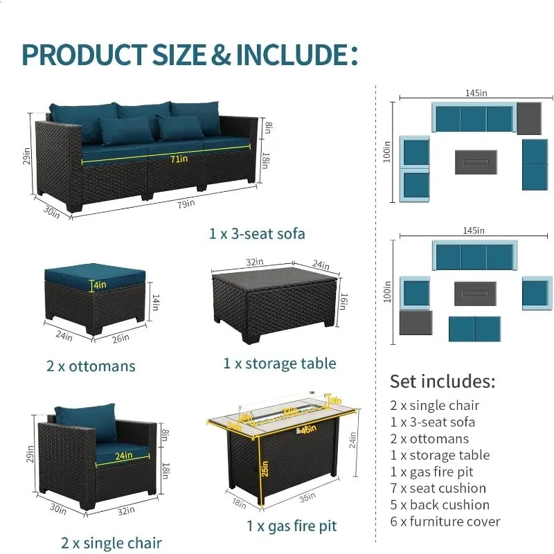 Outdoor Propane Fire Pit Table Seven Piece Patio Set