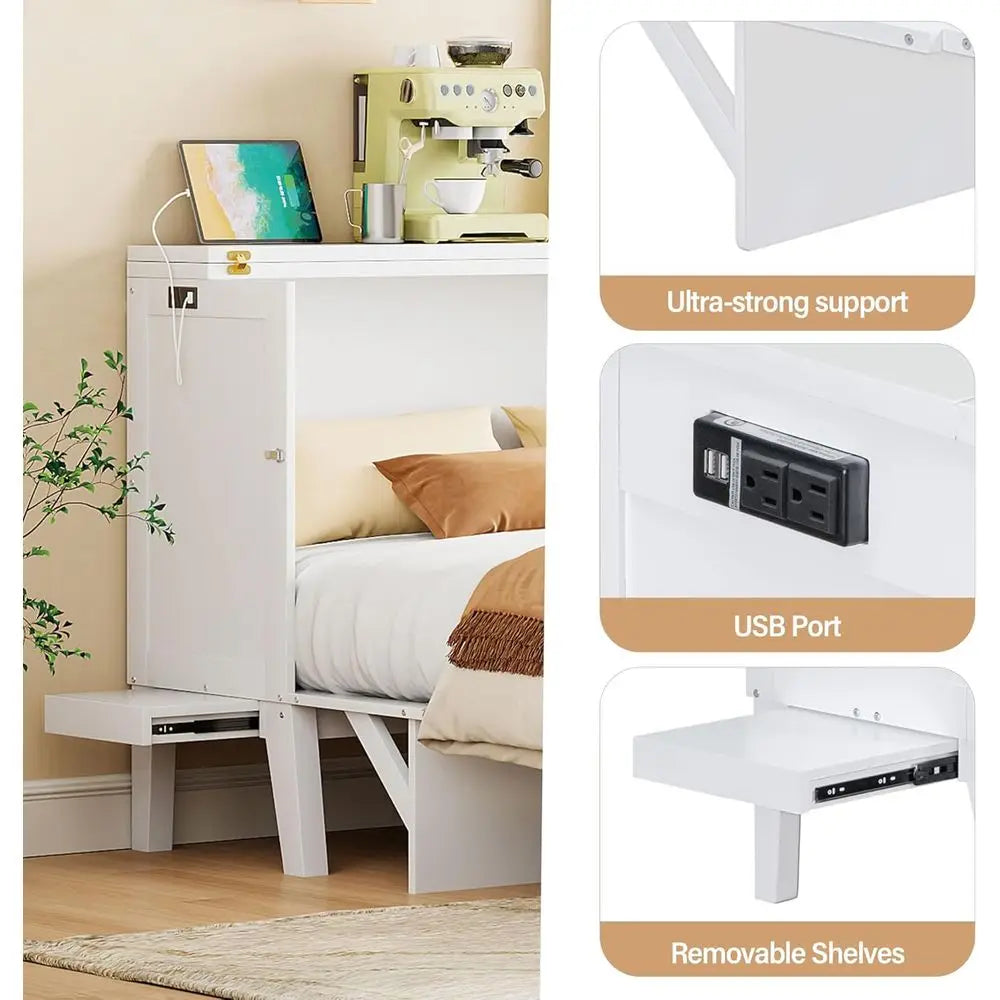 White Queen Murphy Bed With Cabinet And USB Ports