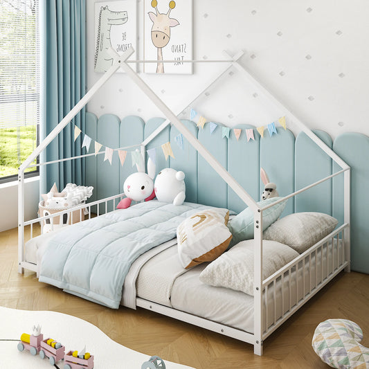 Hign-concerned White Flat Bed House Shape Twin Iron Bed