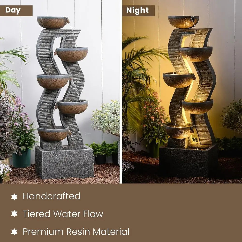 Outdoor Water Fountain With Lights Six-Tier Cascading Feature