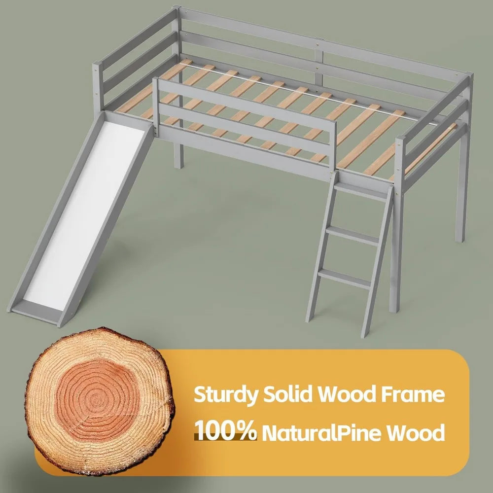 Color Wood Twin Loft Bed With Slide Ladder And Under Storage