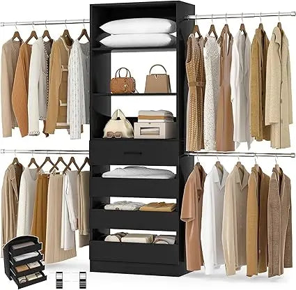 4-9Ft White Oak Closet Organizer System with 4 Wooden Drawers and Tower