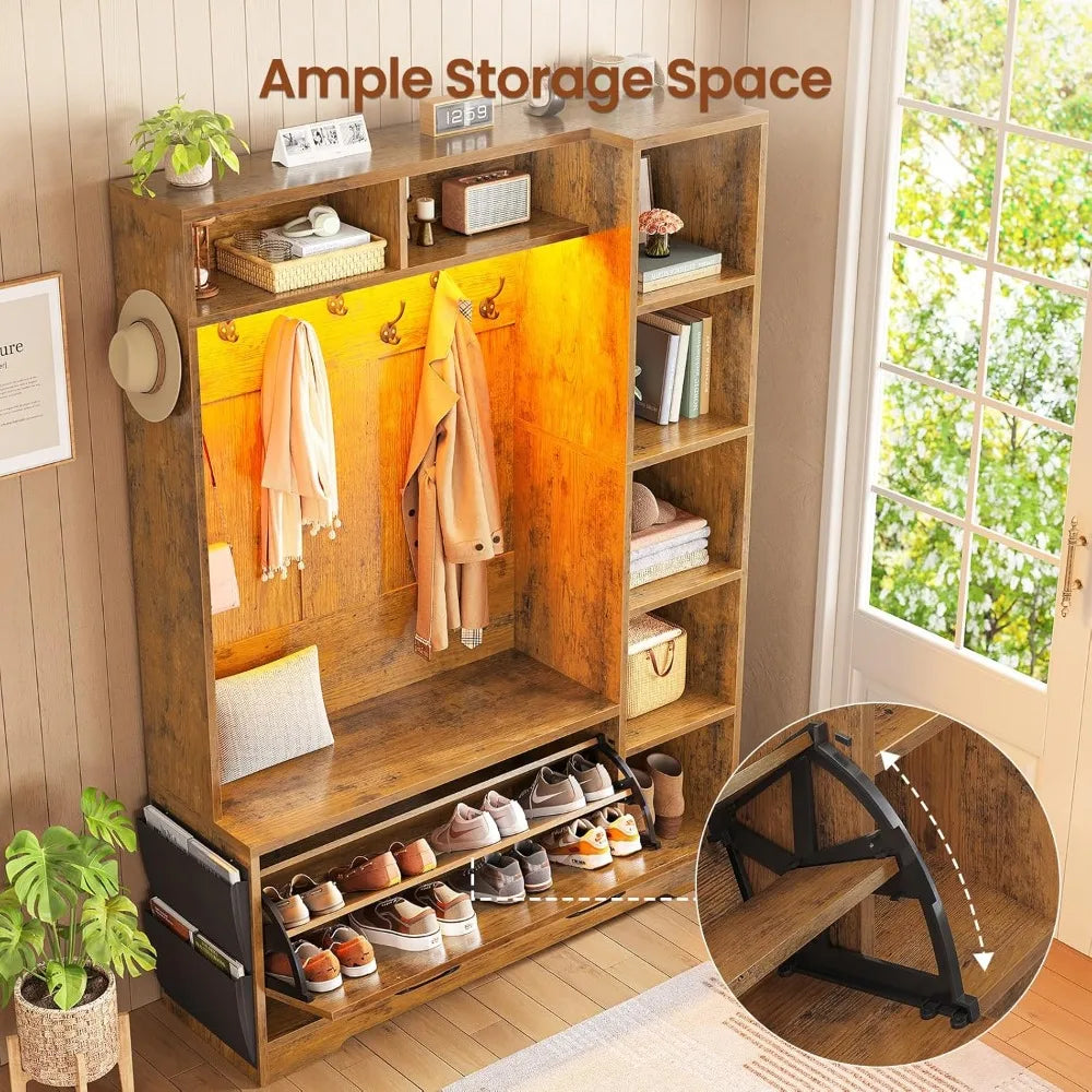 Farmhouse Hall Tree With Bench Shoe Storage LED Lights
