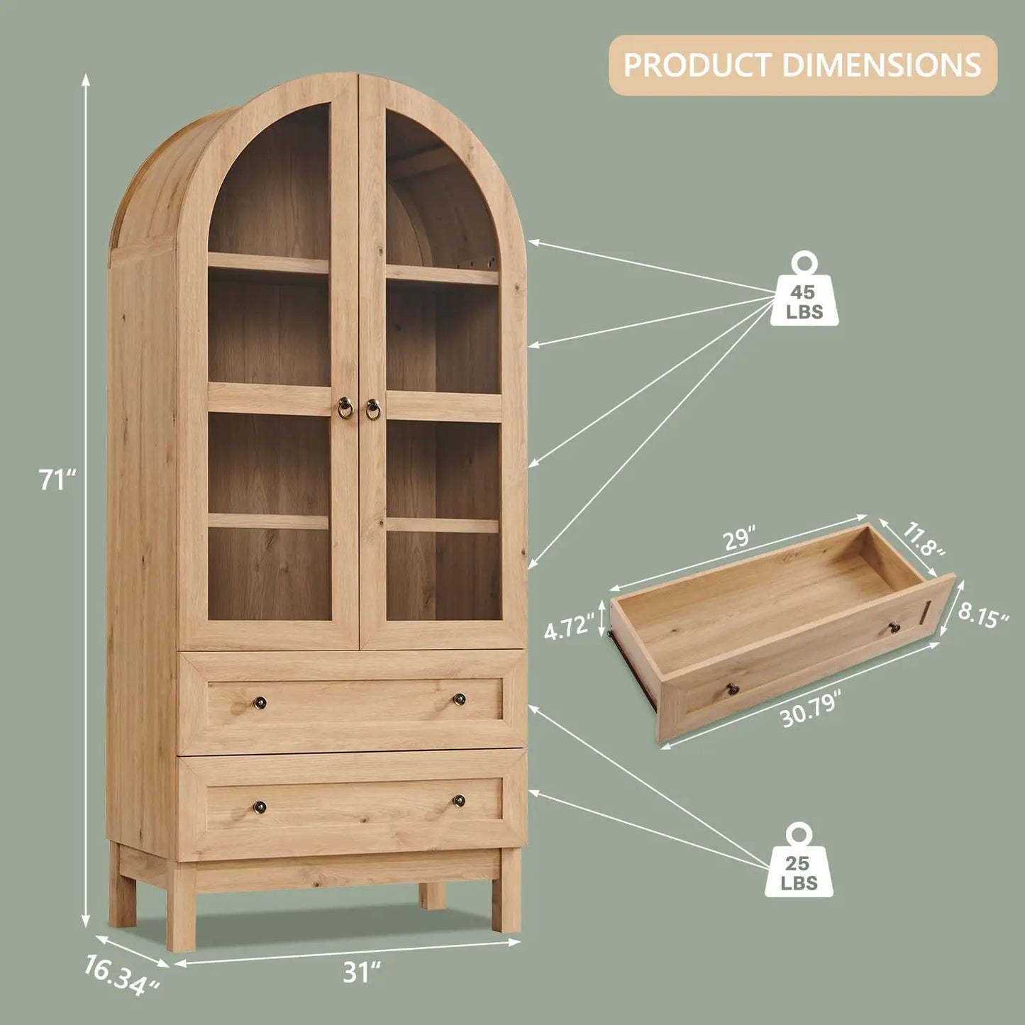 Arched Bathroom Storage Cabinet With 4-Tier Shelves And Drawers