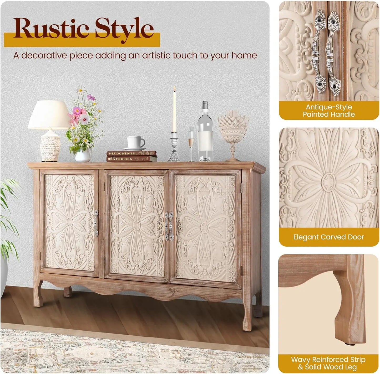 XMSJ Accent Storage Cabinet With Carved Doors And Shelves Farmhouse Sideboard Buffet