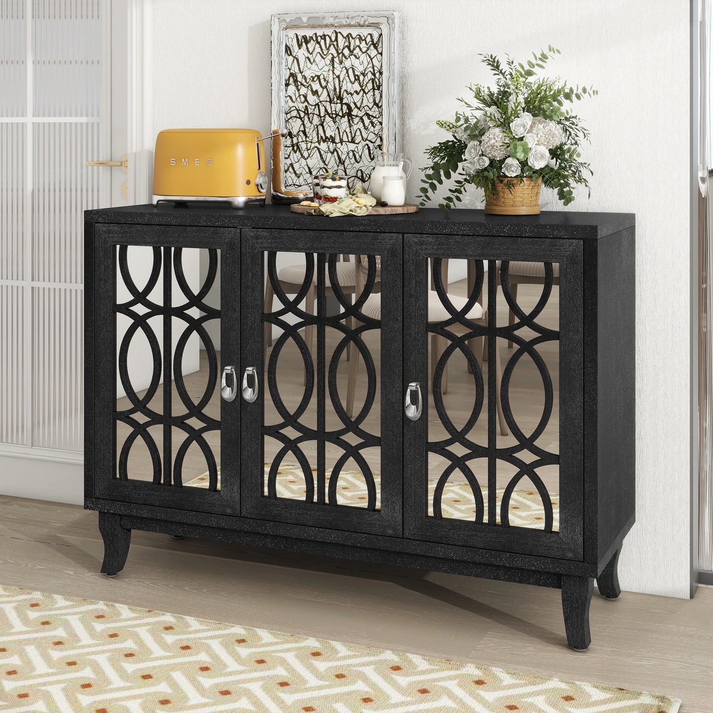 Sideboard With Glass Doors Three Door Mirrored Buffet Cabinet
