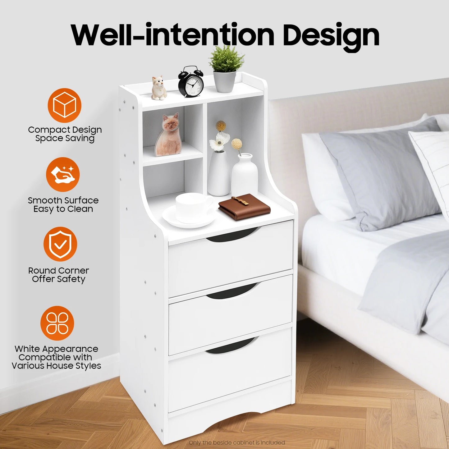 White Vertical Bedside Table Modern Storage Cabinet with Convenient Handles