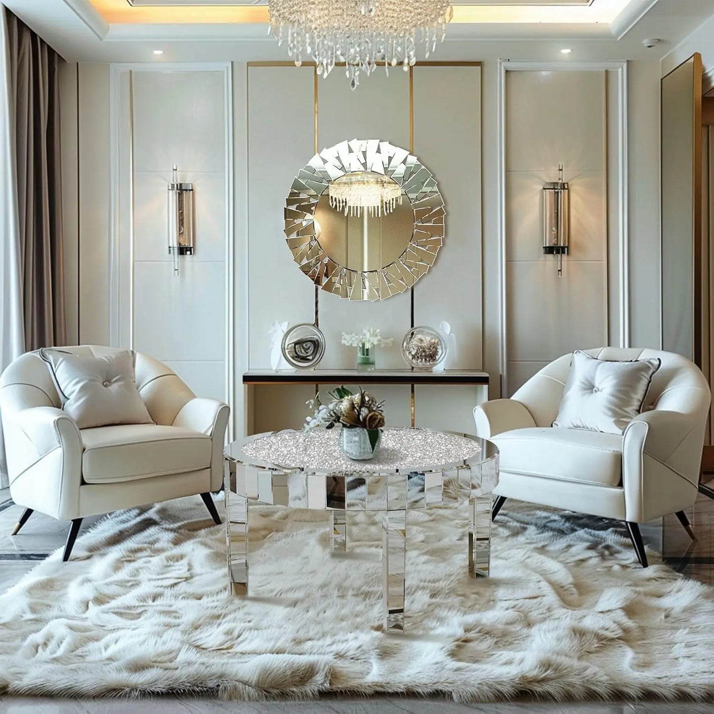 Round Mirrored Coffee Table With Crushed Diamond Glass Top