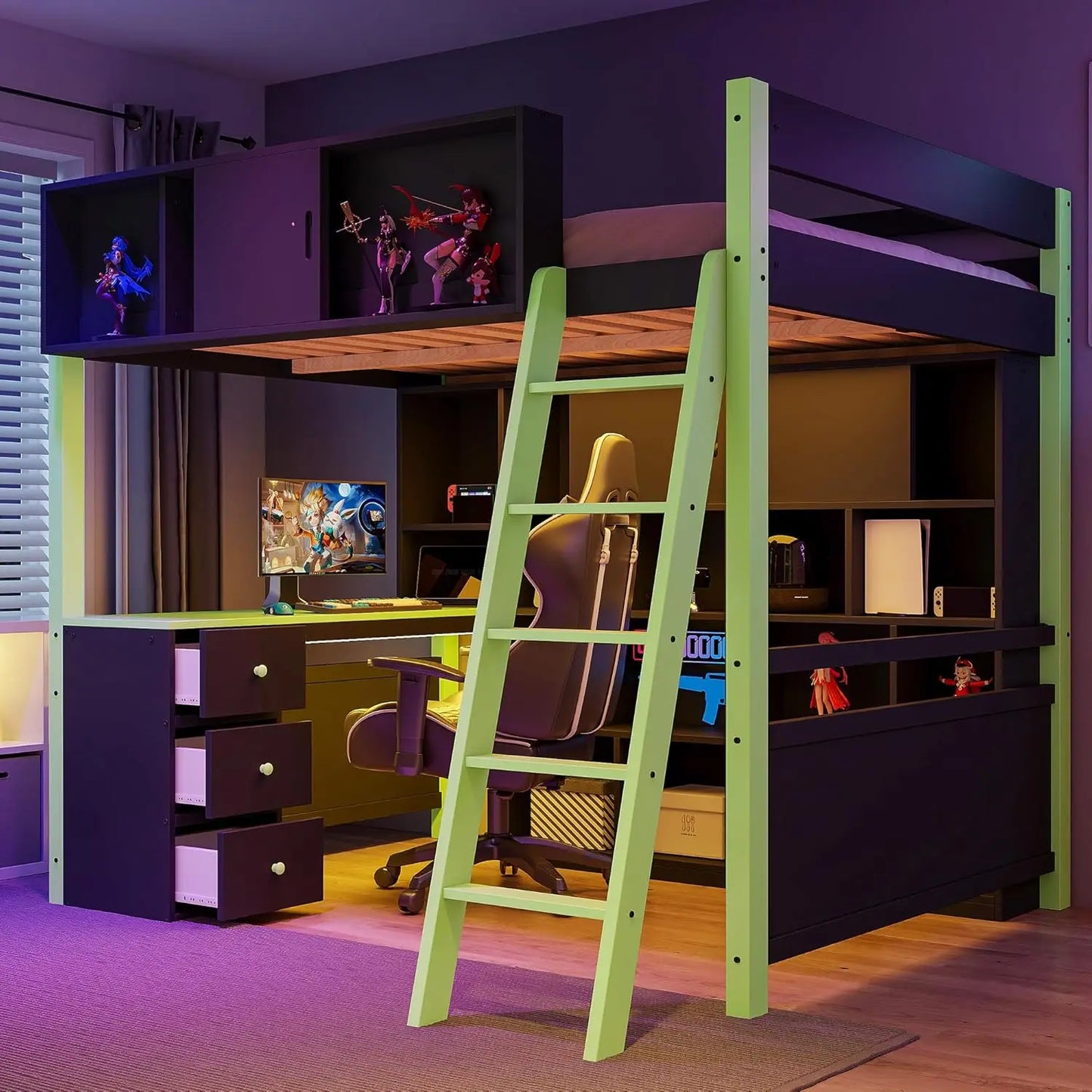 Wood Gaming Loft Bed With Desk Storage LED ChargingStation