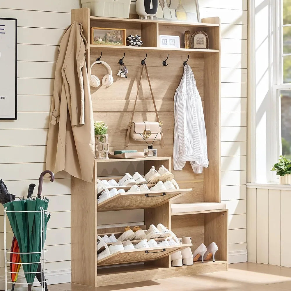 Boho Hall Tree With Bench And Shoe Storage Mudroom Oak Finish