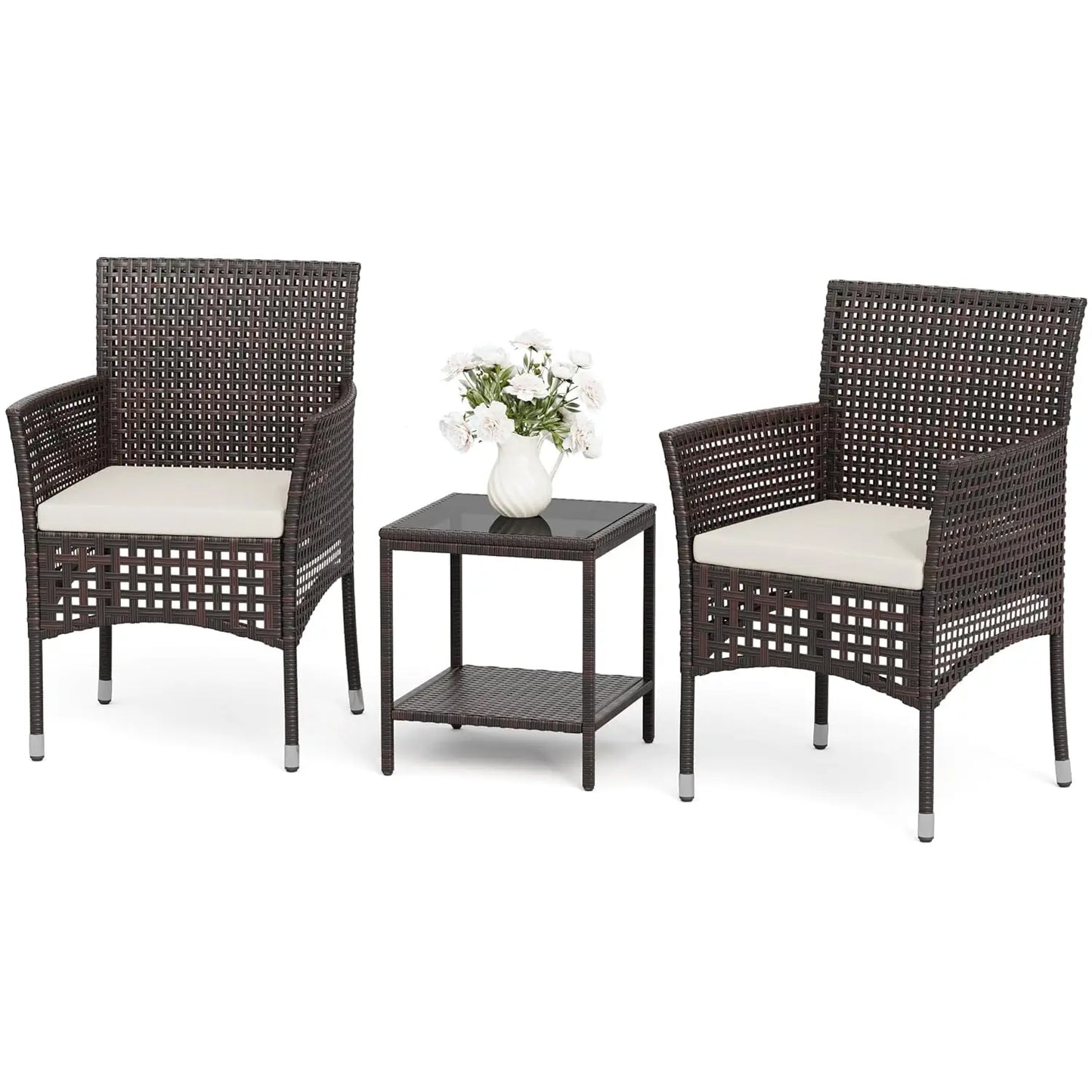 Outdoor Wicker 3 Piece Patio Set Glass Table Weatherproof