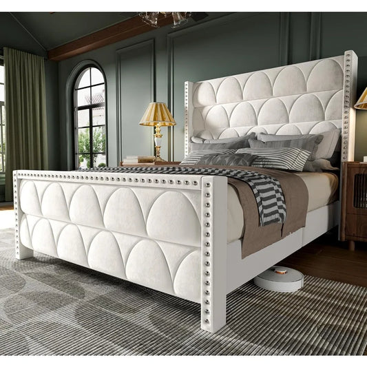 Queen Size Velvet Upholstered Wingback Bed Frame with 56 Inch Headboard