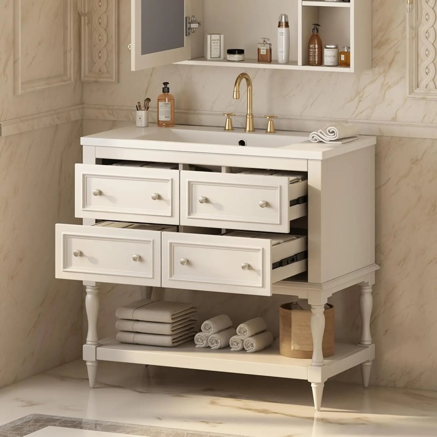 Bathroom Vanity Single Sink Freestanding Cabinet With 4 Drawers Open Shelf