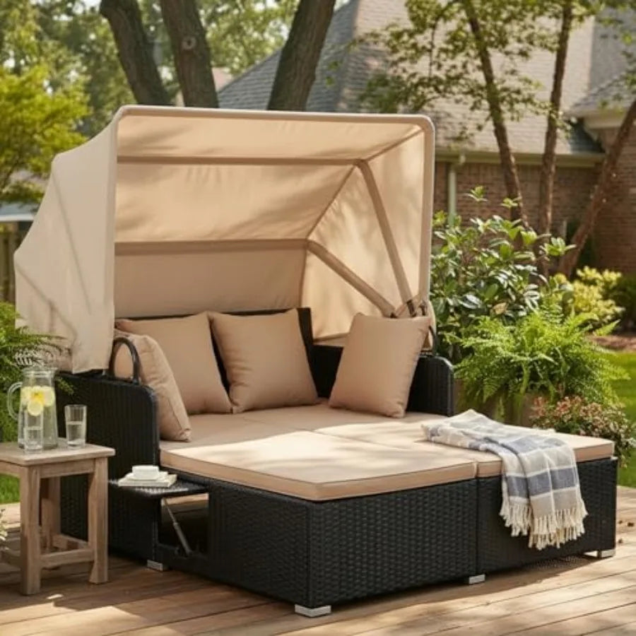 Patio Rattan Daybed With Retractable Canopy Folding Side Tables