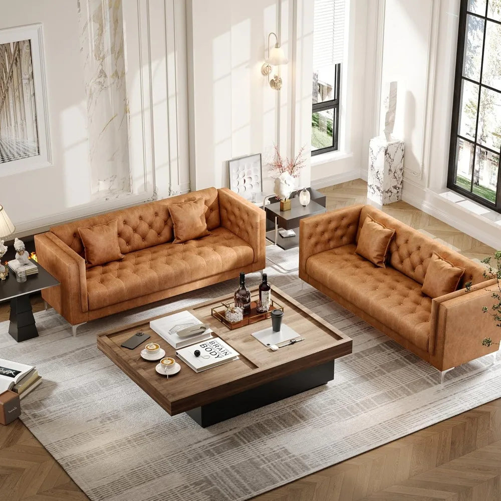 DAFIFY Three Seater Faux Leather Sofa With Tufted Cushions