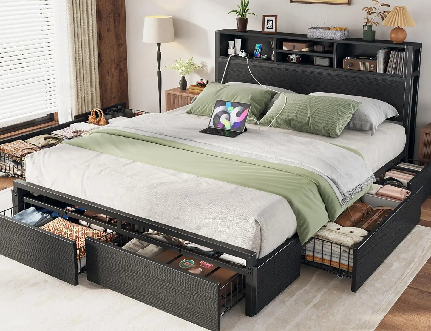 Bed Frame With 6 Storage Drawers And Charging Station