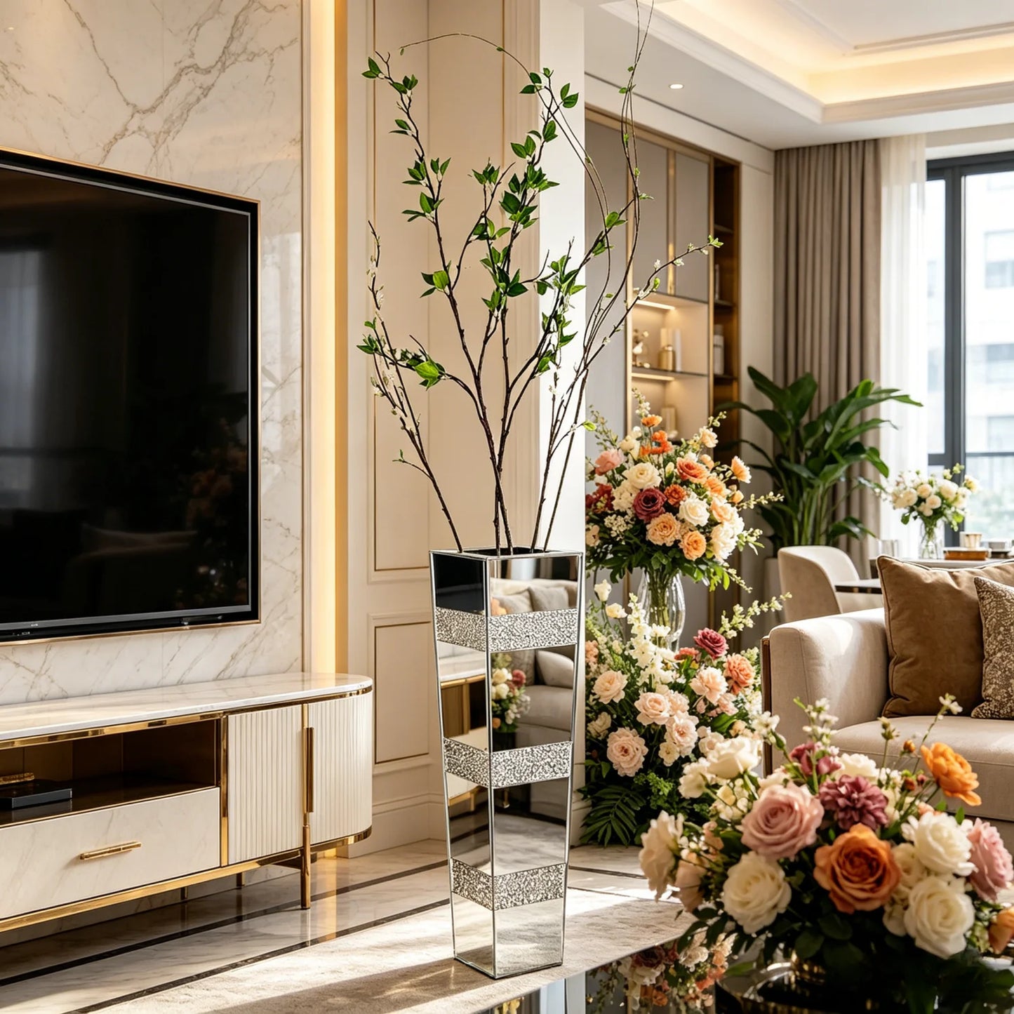 Mirrored Floor Vase Crushed Diamond Glass Decor Living Room