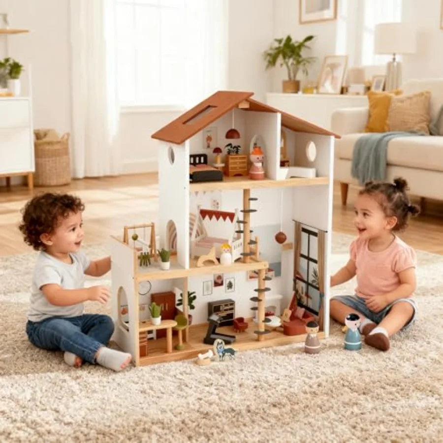 OLOEY Wooden Doll House With 53 Pcs Furniture Six Rooms Spiral Staircase Balcony