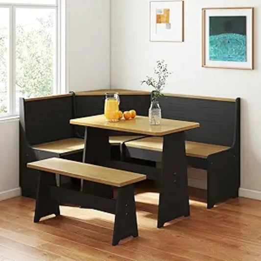 Modern Black L-Shape Breakfast Nook Corner Dining Table and Bench Set