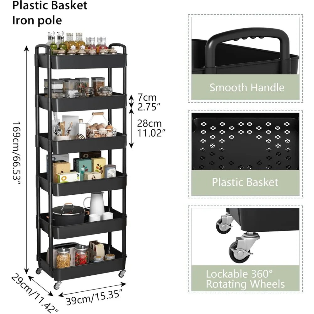 NBVCX 6 Tier Rolling Utility Cart With Handle Office Living Room Kitchen