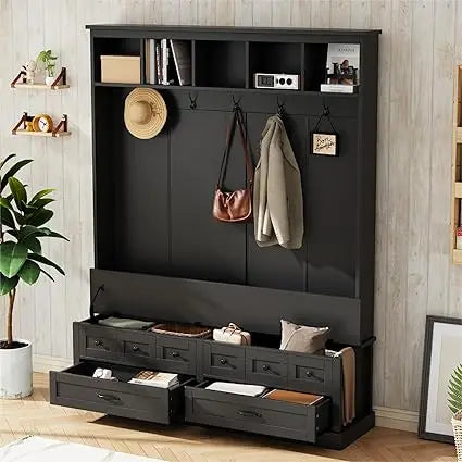 58.8 Inch Wide Hall Tree with Bench Coat Rack Hooks Drawers and Adjustable Shelves