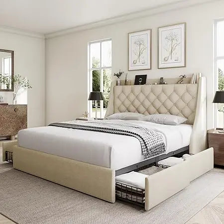 RBXC Bed Frame With Storage Drawers And Wingback Headboard