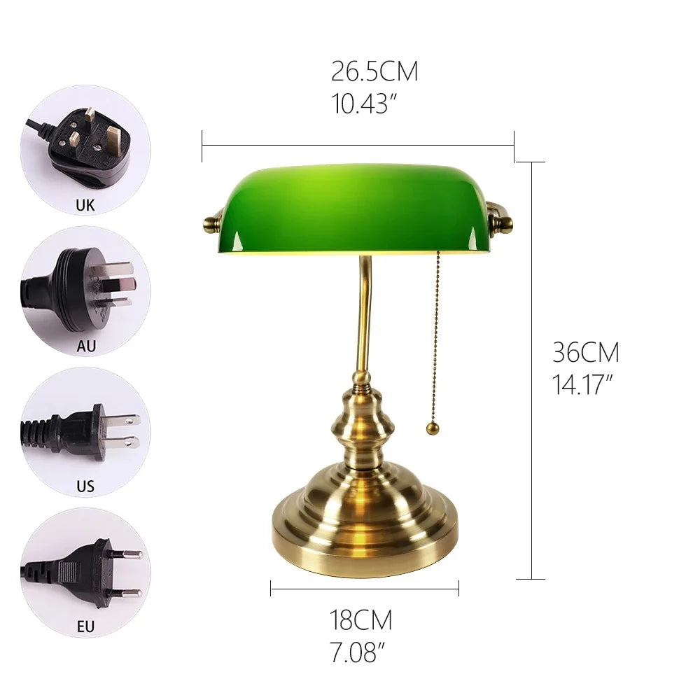 Glass Banker Desk Lamp With Zipper Switch And Base