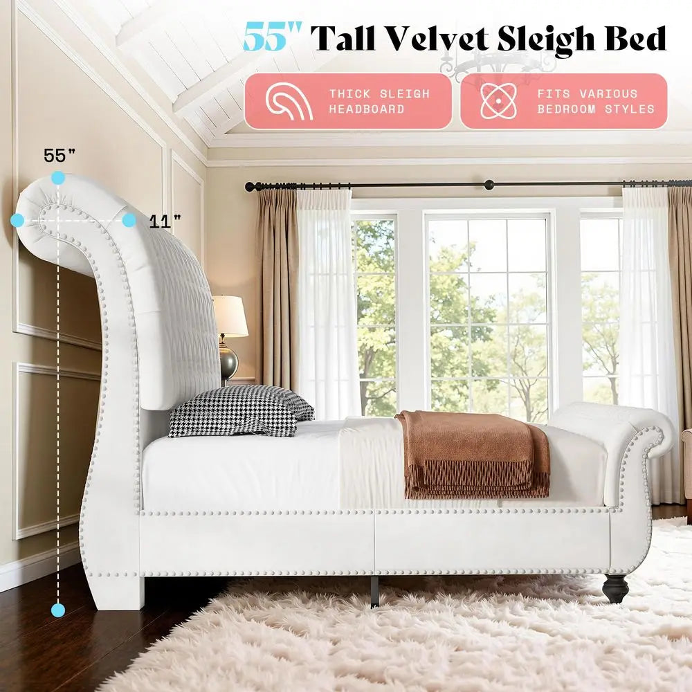 Sleigh Bed Frame With Velvet Upholstery And Tufted Headboard