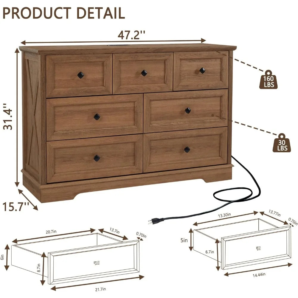 7 Drawer Farmhouse Dresser Chest with Charging Station for Modern Bedrooms