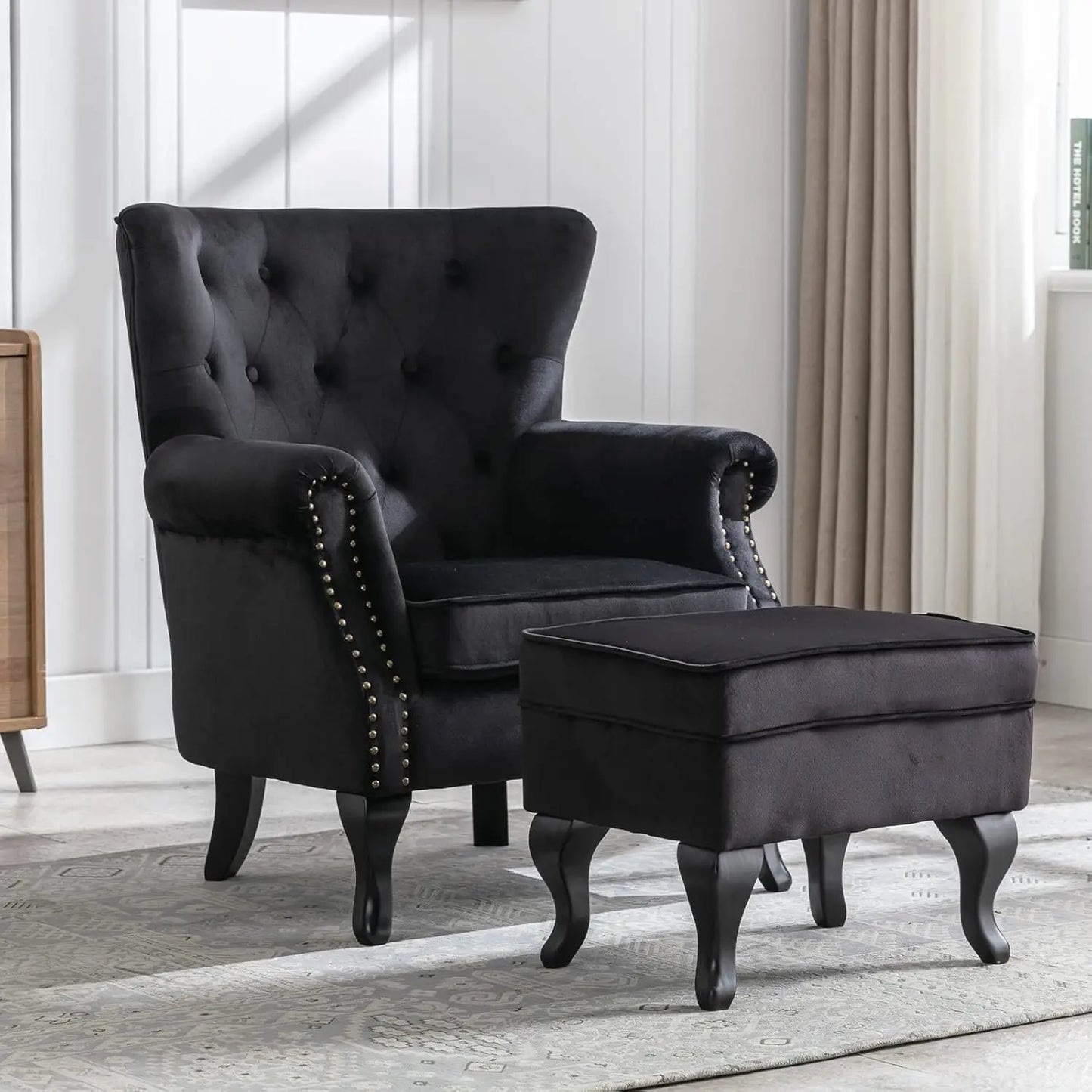 General Chair With Ottoman Wingback Tufted Linen Armchair